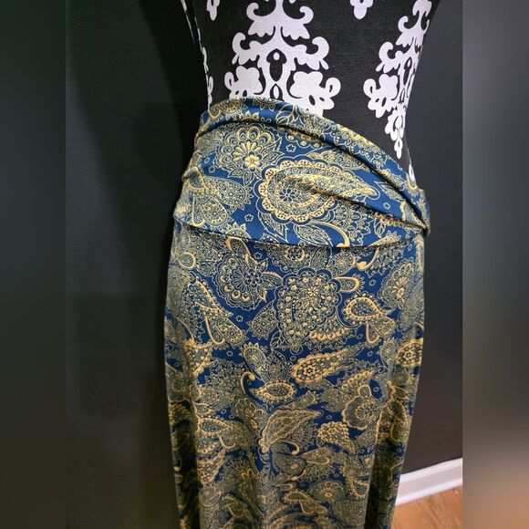LulaRoe Paisley Yellow Blue Foldover Waistband Sz XXS Boho Festival Earthy - Picture 6 of 7